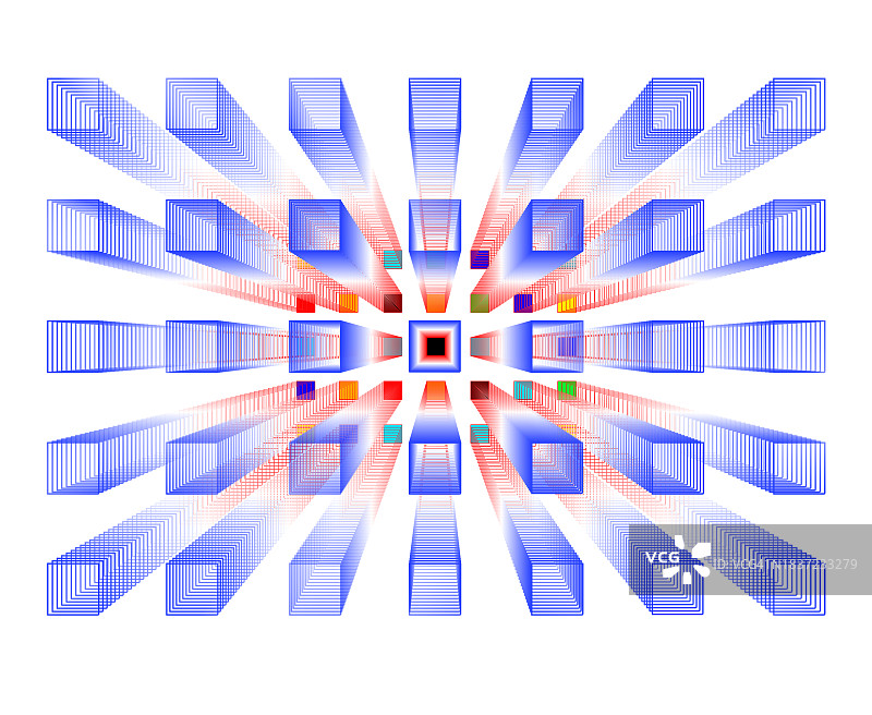 具有3D效果的蓝红色正方形立方体抽象几何背景图片素材