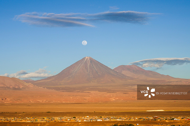 智利圣佩德罗阿塔卡马：阿塔卡马沙漠高地草原金色日落火山景观全景图片素材