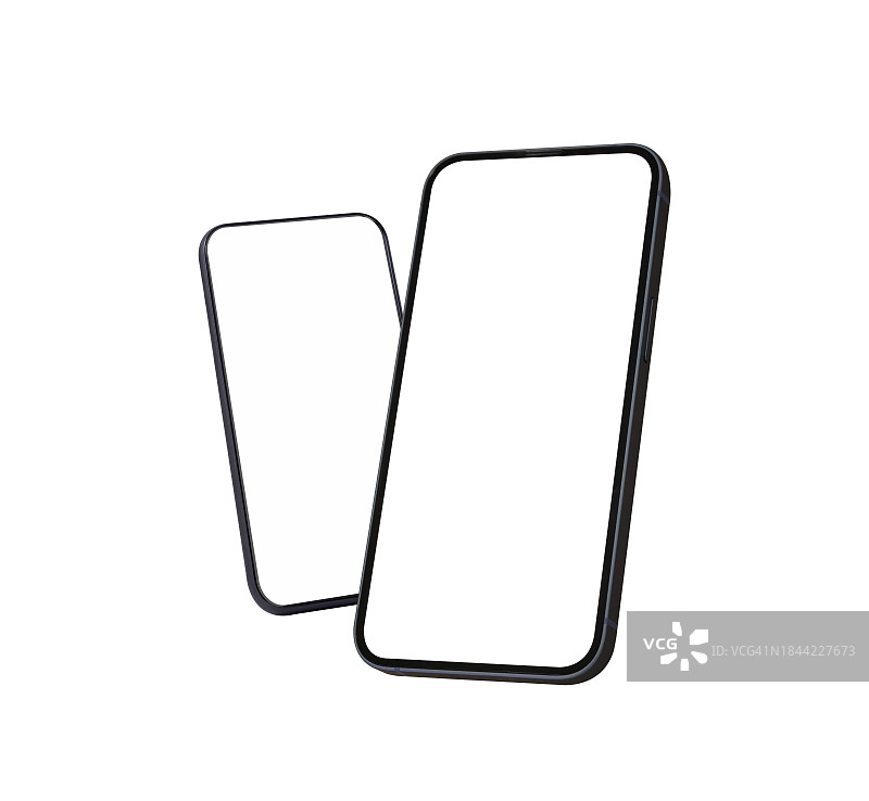 白色背景上隔离的两个智能手机模型空白屏幕图片素材