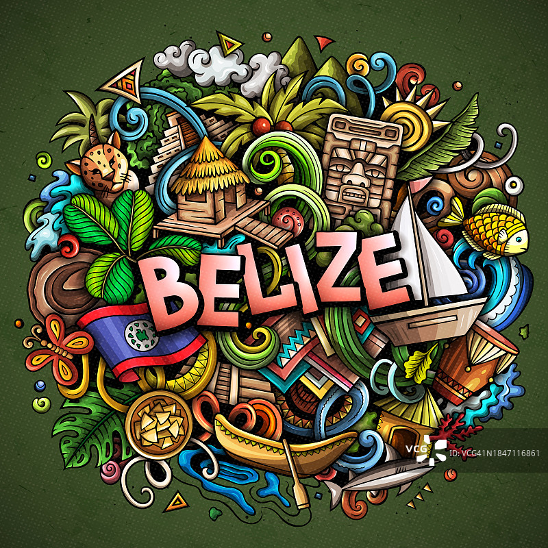 伯利兹卡通涂鸦插画。有趣的当地设计。图片素材
