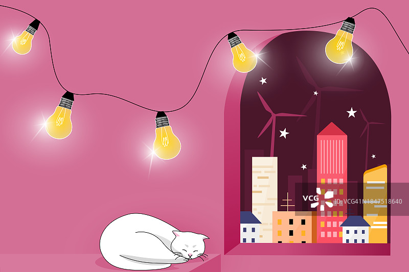 气候变化概念图：利用风力涡轮机生产可持续能源的城市图片素材