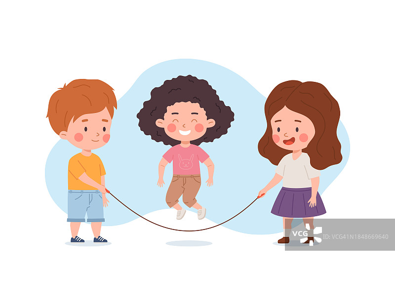 快乐可爱的孩子们玩跳绳，矢量卡通男孩和女孩跳绳，玩得开心，体育活动，儿童游戏图片素材