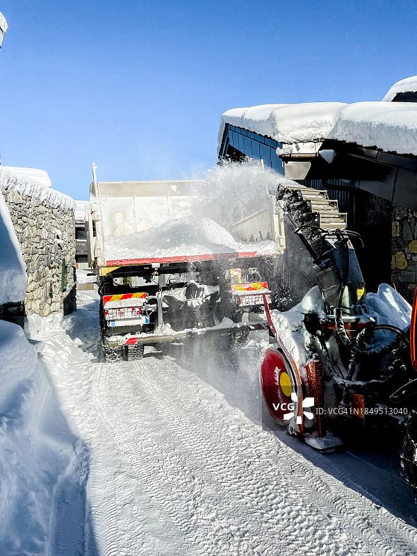 阿尔卑斯山暴风雪后，抛雪机正在清理城镇街道上的积雪图片素材