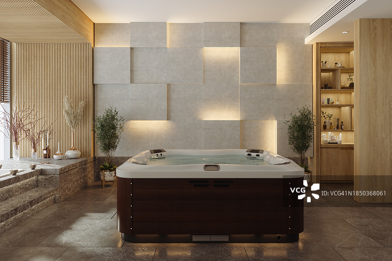 带热水浴缸、大理石地板和盆栽植物的豪华水疗中心内景图片素材