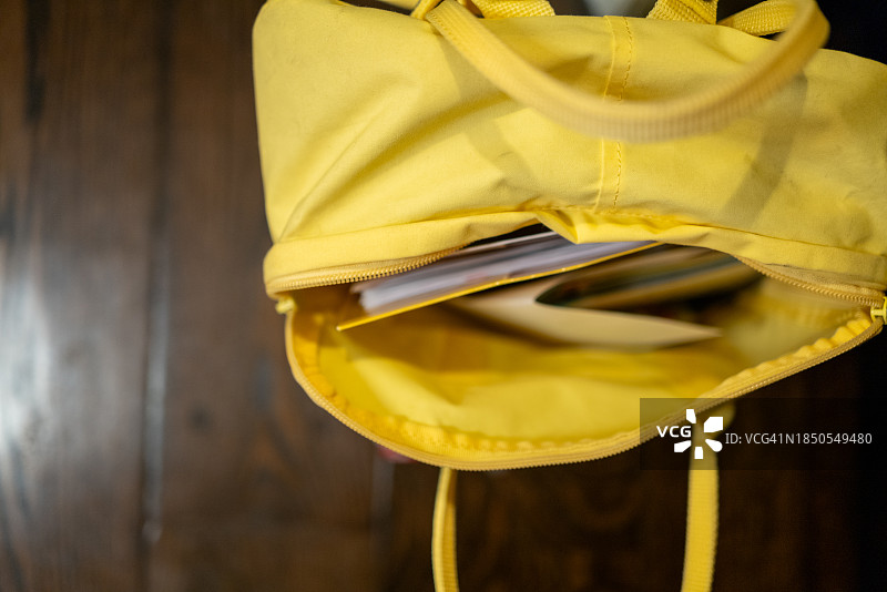 未拉上的黄色背包图片素材