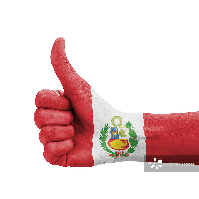 竖起大拇指的手，绘有秘鲁国旗图片素材