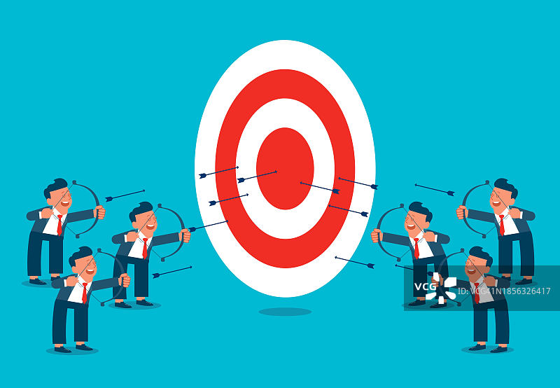 商业目标、商业成就、达成目标或完成任务、职业教育或技能培训，商人用弓箭射击靶心图片素材