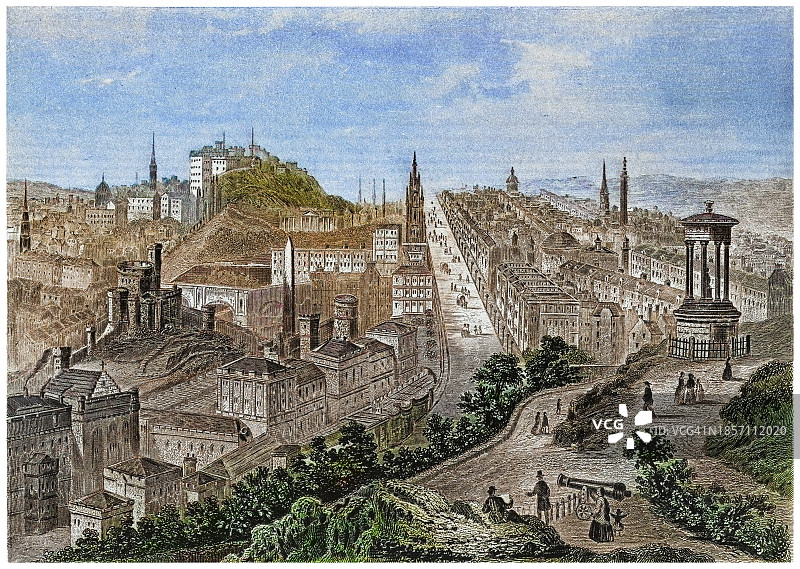 苏格兰首府爱丁堡老式雕刻插图图片素材