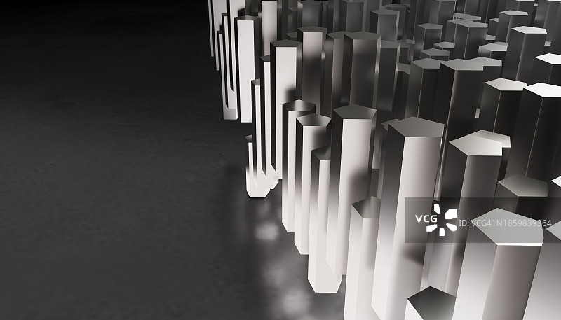 灰色和黑色背景的六边形立方体柱的3D渲染图图片素材