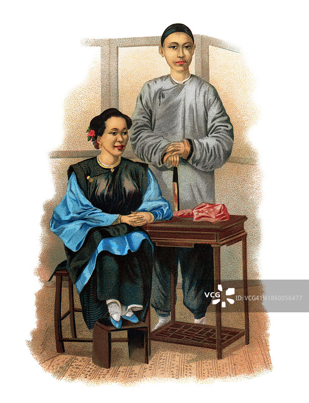 中国古代人物：中国女士和她的儿子古老雕刻插图图片素材