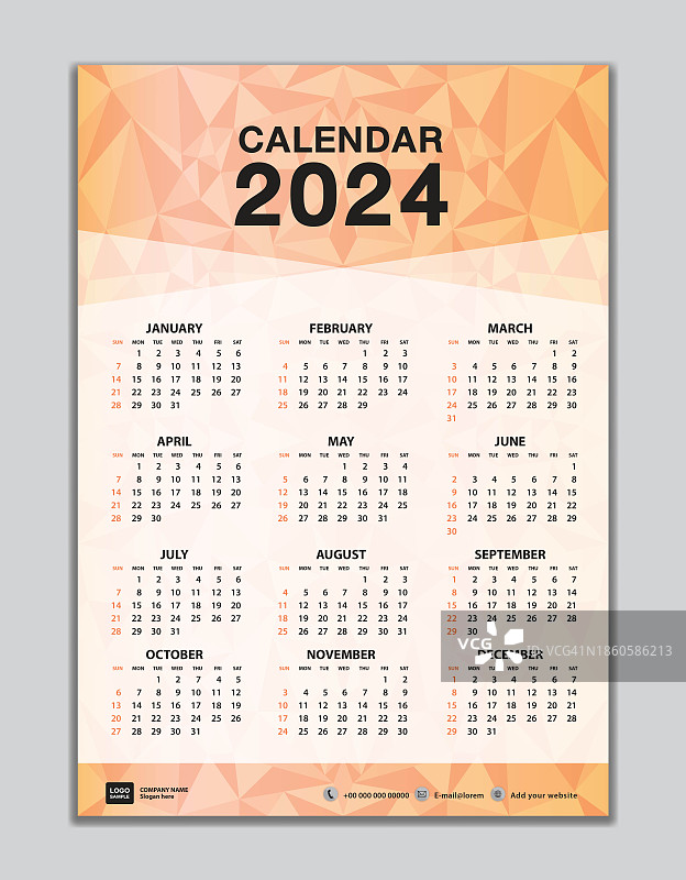橙色多边形背景上的2024年挂历模板图片素材
