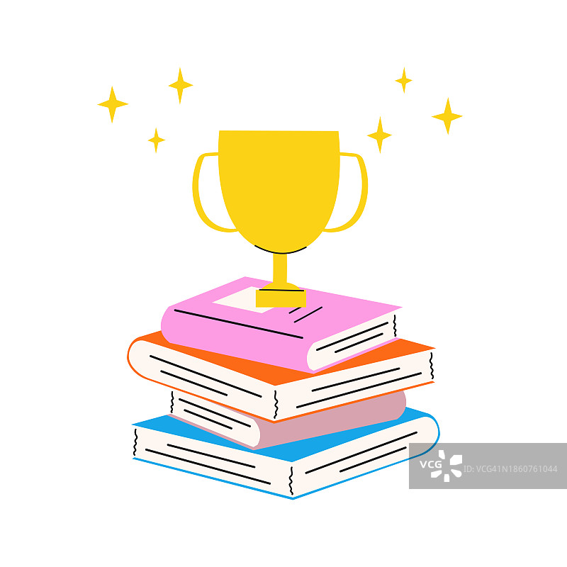 金色奖杯立于书堆上的插画：阅读挑战概念图片素材