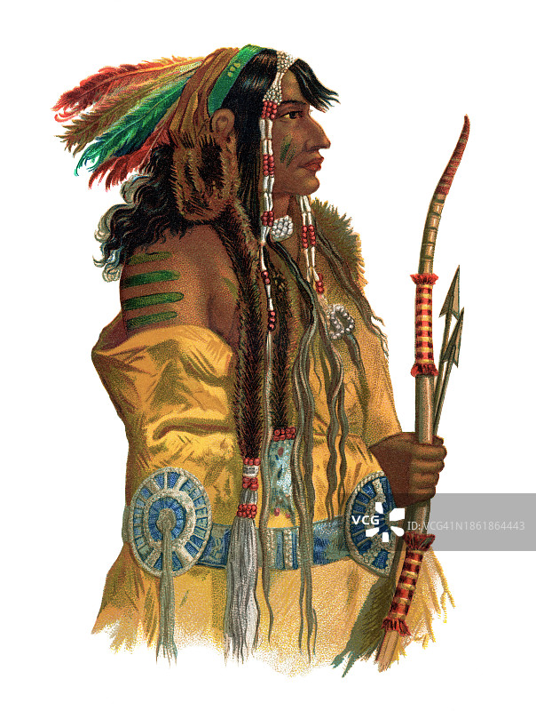 曼丹部落美洲原住民战士复古彩石版画插图图片素材