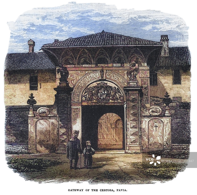 伦巴第建筑的古老雕刻插图，帕维亚卡尔特修道院（伦巴第的修道院和建筑群，意大利北部）图片素材