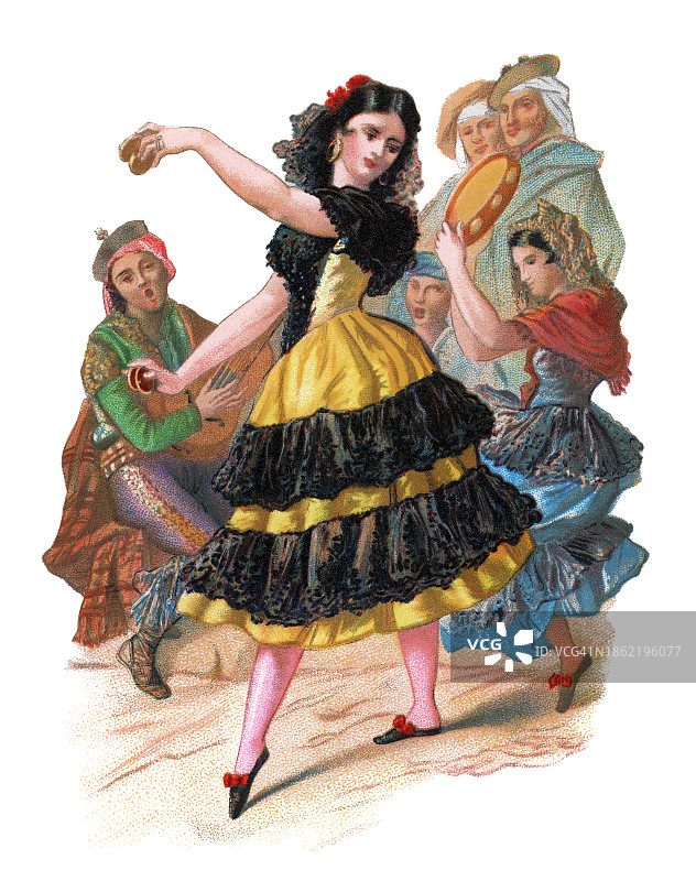 西班牙舞者老式彩色石印插图图片素材