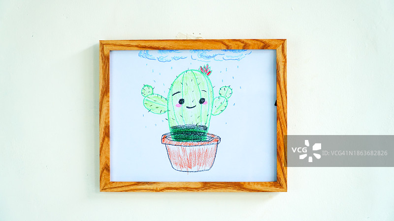可爱仙人掌卡通蜡笔画木质画框图片素材