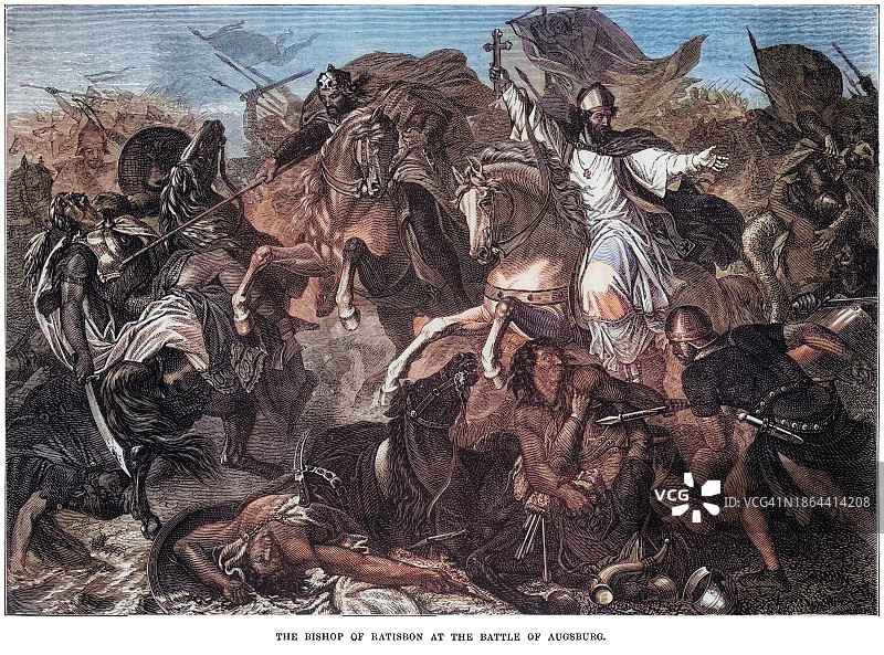 匈牙利在莱希费尔德战役中古老雕刻插画，955年-奥格斯堡附近，巴伐利亚，德国图片素材