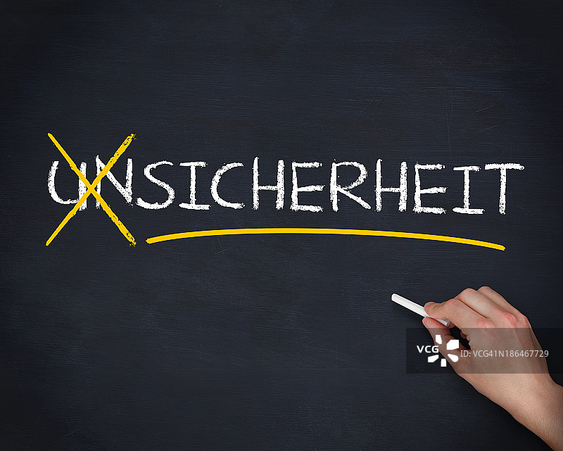 手划掉德语单词“unsicherheit”图片素材