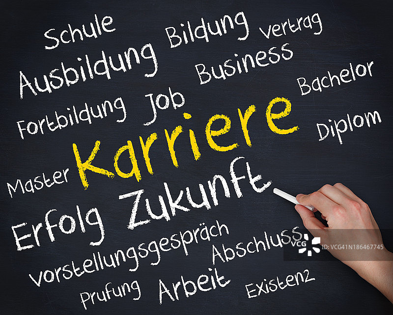 手拿粉笔写关于职业的德语单词图片素材