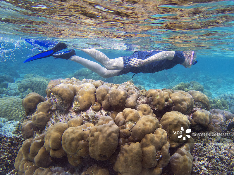 在马尔代夫泻湖低潮时浮潜的年长男人图片素材