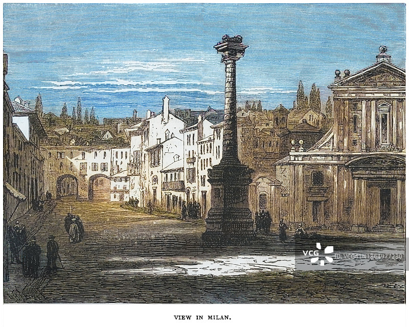 意大利米兰景观的古老雕刻插图图片素材