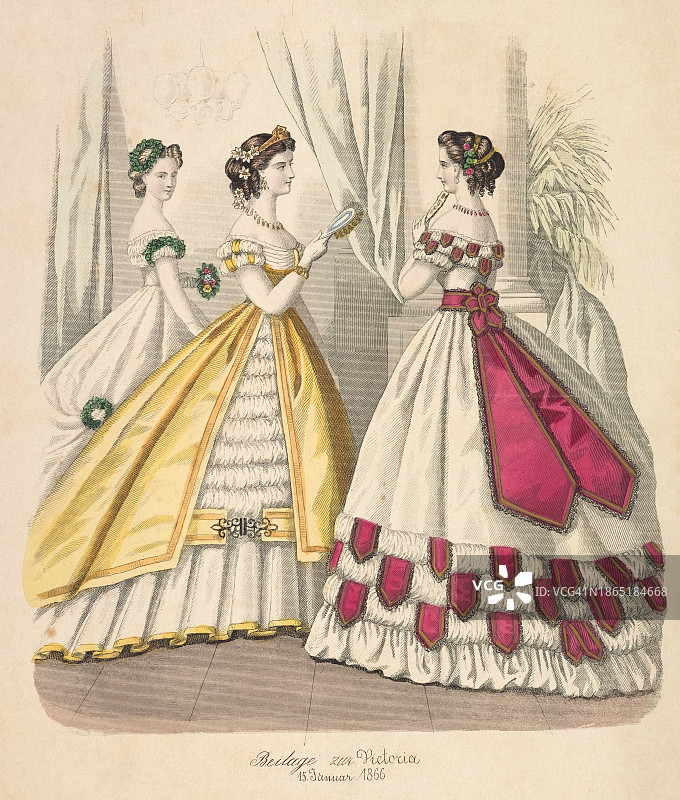 19世纪彩色时装插画。图片素材