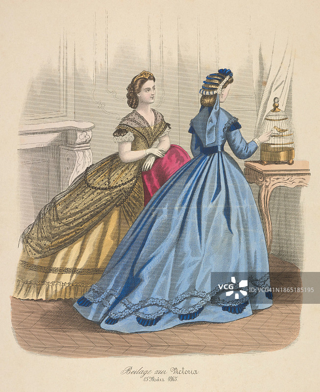 19世纪彩色时装插画。图片素材