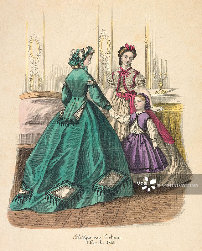 19世纪彩色时装插画。图片素材