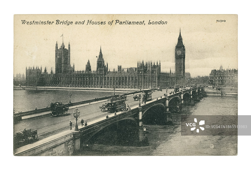 约1905年伦敦威斯敏斯特桥和议会大厦明信片图片素材