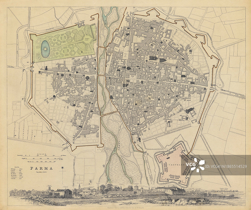 1840年帕尔马全景复古地图图片素材