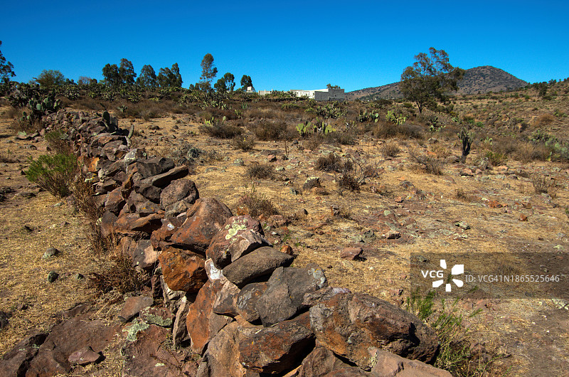 墨西哥图拉德阿连德伊达尔戈，堆叠的干燥石墙将干旱的农田隔开图片素材