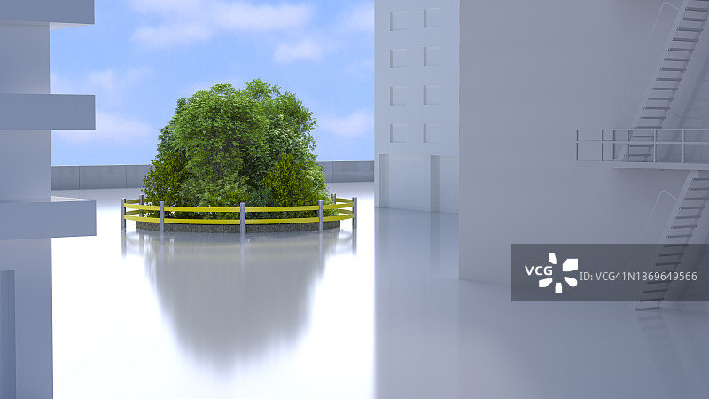 3D渲染：城市中央带围栏的小树林图片素材