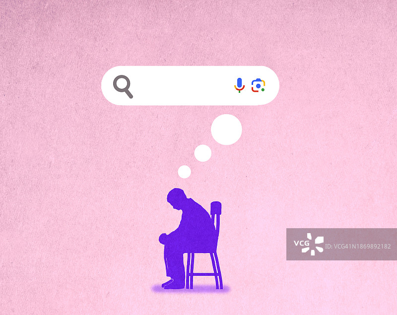 坐在椅子上，以搜索栏作为思想泡泡的男人图片素材