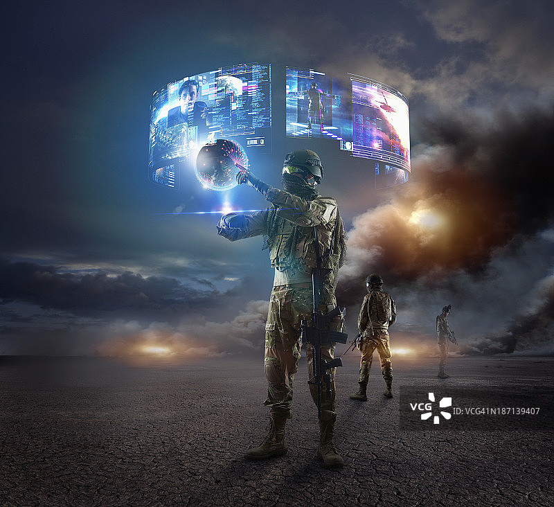 在作战区使用全息影像的白人士兵图片素材