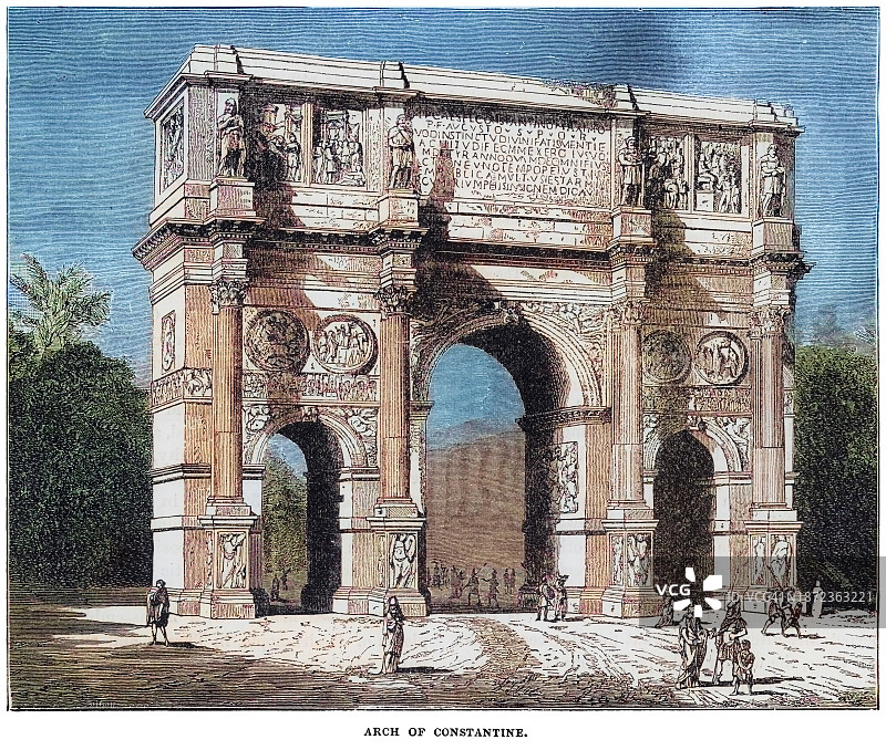 意大利罗马君士坦丁凯旋门古老雕刻插图（公元312年至315年间建造）图片素材