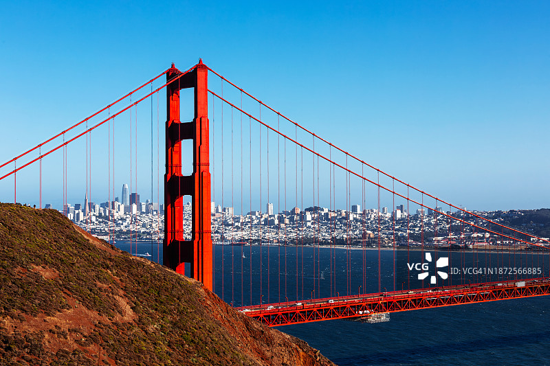晴朗蓝天下旧金山市的金门大桥，加利福尼亚州，美国图片素材