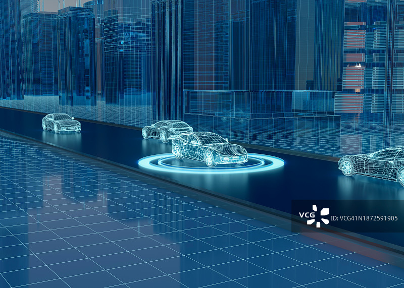 在蓝色数据高速公路上行驶的智能汽车图片素材