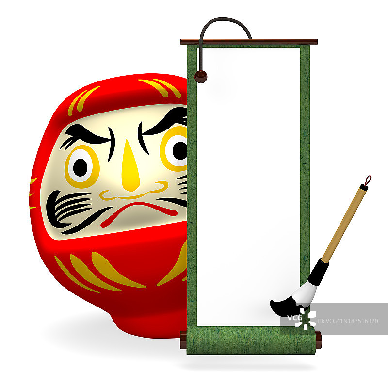 绿色旧卷轴和达摩娃娃图片素材