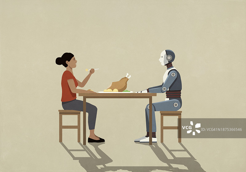 女人和机器人男友在餐桌上共进晚餐图片素材