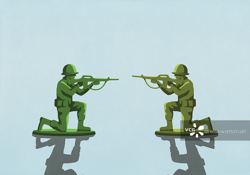 蓝色背景上，持步枪面对面的特种部队玩具士兵图片素材