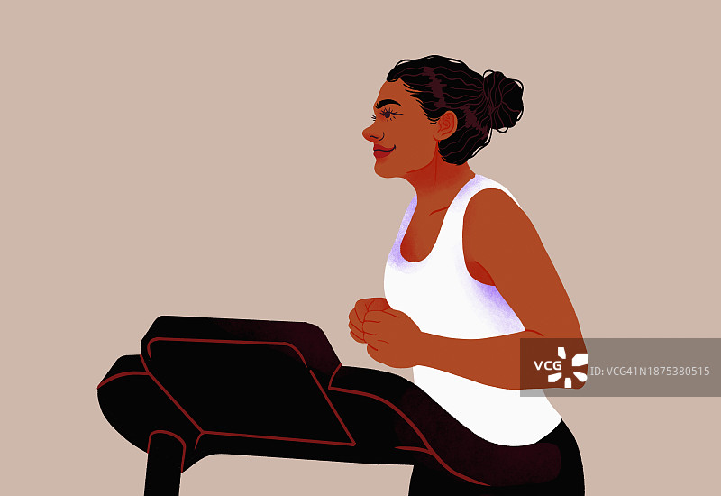 笑容满面的女人在跑步机上慢跑图片素材