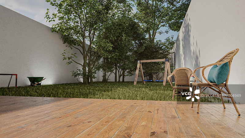 后院绿洲：风景如画的房子后院，有草地、树木、秋千、木制甲板和扶手椅图片素材