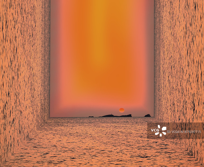 伊维萨岛金色日落时弯曲海景的超现实图像图片素材