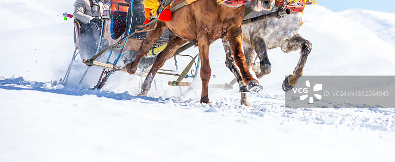 在奇尔迪尔湖上与马匹同行的雪橇，土耳其阿尔达汉-卡尔斯图片素材