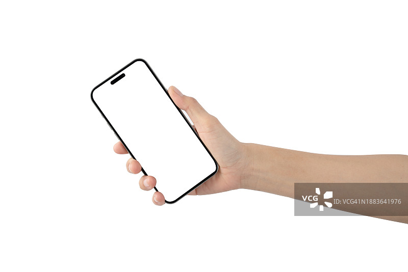 女人手拿白色背景上孤立的黑色智能手机图片素材