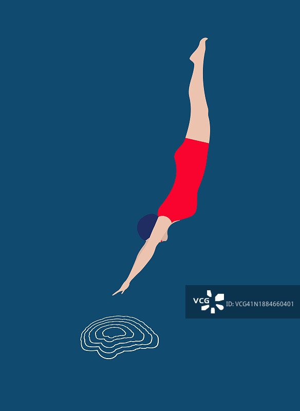 游泳者跳入水中形成大脑形状波纹的概念插图图片素材