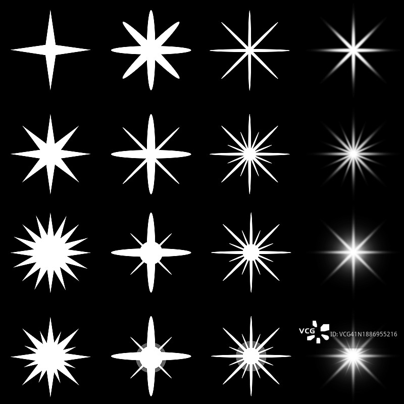 星星形状：阳光、烟花、光束、设计元素，白色背景上隔离图片素材
