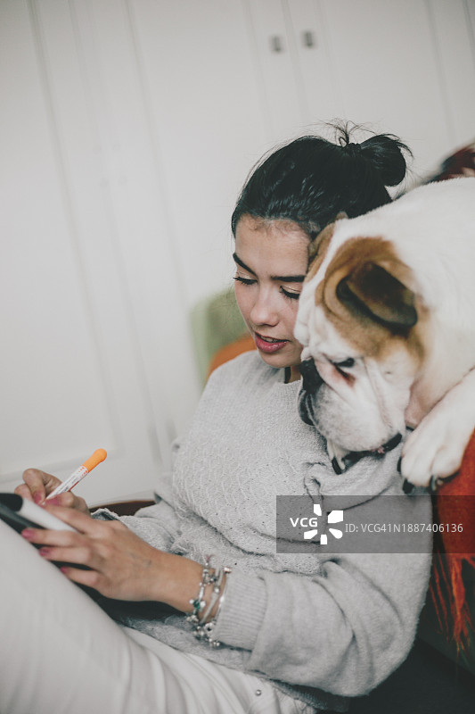 放松的狗看着学习的年轻女人图片素材