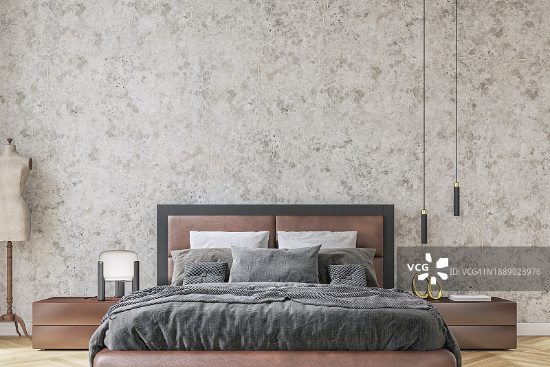 豪华卧室的正面图，配有皮革双人床和装饰品图片素材
