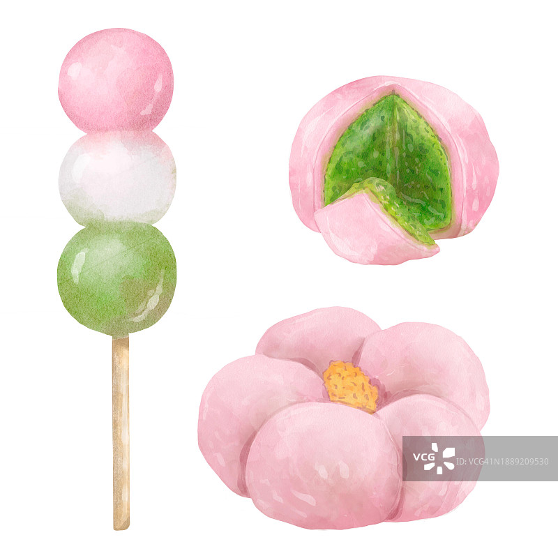 日本传统粉色樱花节甜点组合，手绘插画设计元素，可用于菜单、徽标和包装图片素材